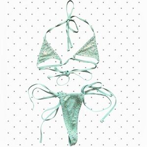 Mint Blue Studded Rhinestone Triangle Underwear Set